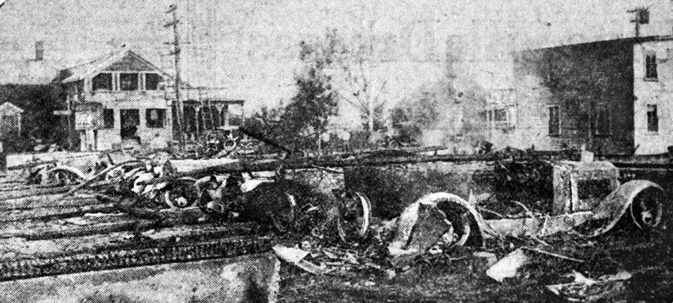 Bristol's Garage in ruins, from Boston Globe image, June 25, 1923.